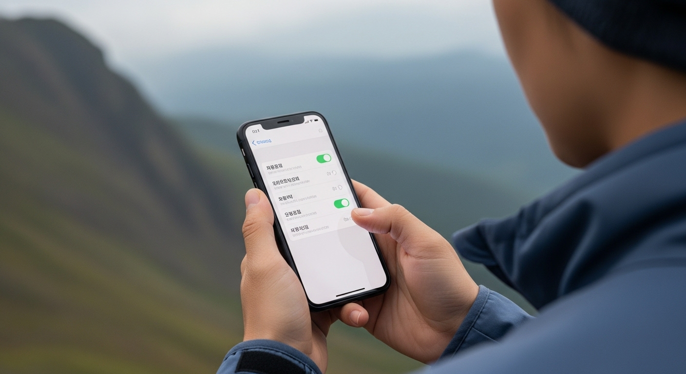 긴급상황 발생 시 정확한 위치 전달을 위한 사용자 가이드 - 한국인 여성이 야외에서 아이폰의 위치 서비스 설정 메뉴를 신중하게 확인하며, 긴급상황에 대비한 위치 정확도 최적화 방법을 습득하는 모습.