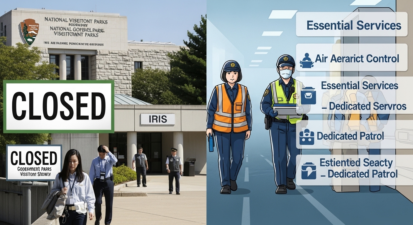 연방정부 셧다운 시 주요 기능 마비 및 서비스 영향 - 폐쇄된 연방 건물과 업무를 지속하는 필수 서비스 간의 대조적인 모습