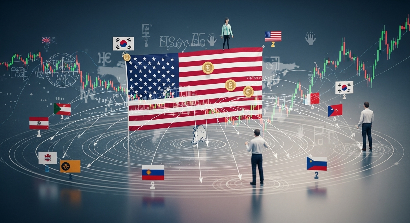 경제적 파급 효과: 미국 국내 및 국제 경제에 미치는 영향 - 미국 경제 변동이 전 세계 경제에 미치는 파급 효과를 시각화한 복잡한 이미지