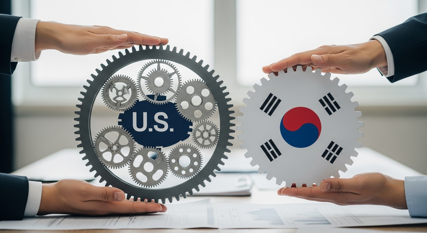 2025년 이후 전망 및 한국의 대응 전략 - 한국과 미국 정부 및 경제를 상징하는 톱니바퀴가 협력하며 돌아가는 모습과 전략적 준비를 위한 계획 테이블