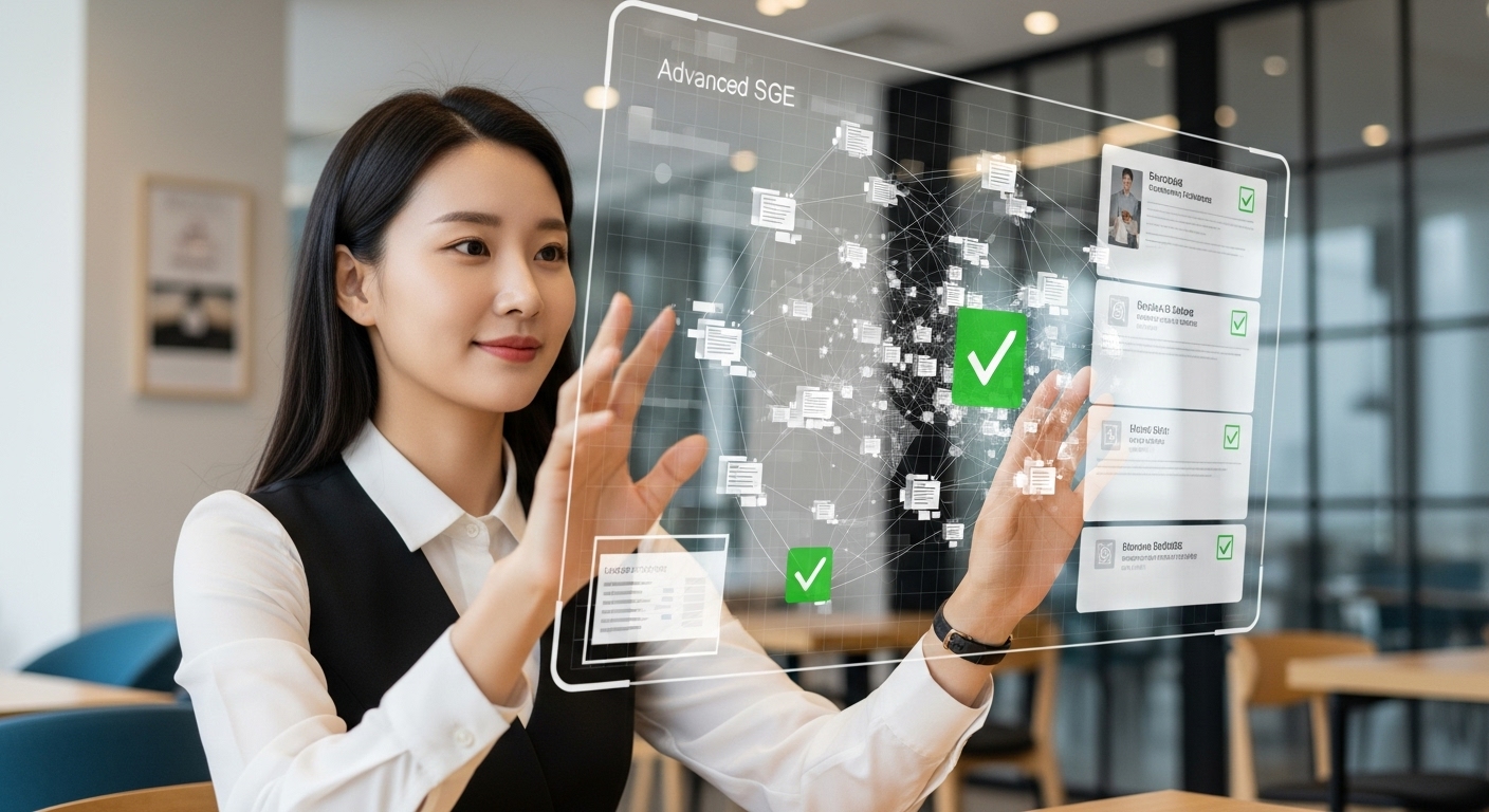 SGE(Search Generative Experience) 심화: 정보 신뢰도와 사용자 경험 강화 - 한 젊은 한국인 여성이 현대적인 카페에서 투명한 홀로그래픽 화면과 상호작용하며, 검증된 출처가 표시된 연결된 정보망을 통해 SGE의 정보 신뢰도와 사용자 경험 강화에 집중하는 모습.