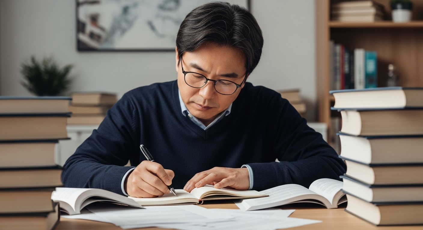 E.E.A.T. 원칙의 새로운 해석: 전문가성과 오리지널 콘텐츠의 중요성 - 안경을 쓴 40대 후반의 한국인 연구원/교수가 서재에서 수많은 학술 서적과 연구 자료에 둘러싸여 노트에 꼼꼼히 필기하며, E.E.A.T. 원칙에 따른 깊이 있는 사고와 독창적인 연구를 강조하는 모습.