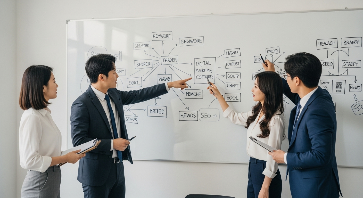 SEO 전략 재편: 변화된 환경에 적응하는 방법 - 현대적인 회의실에서 네 명의 한국인 비즈니스 전문가들이 화이트보드에 가득 찬 다이어그램, 키워드, 디지털 마케팅 계획을 보며 협력적으로 브레인스토밍하고 전략을 세우는 모습.