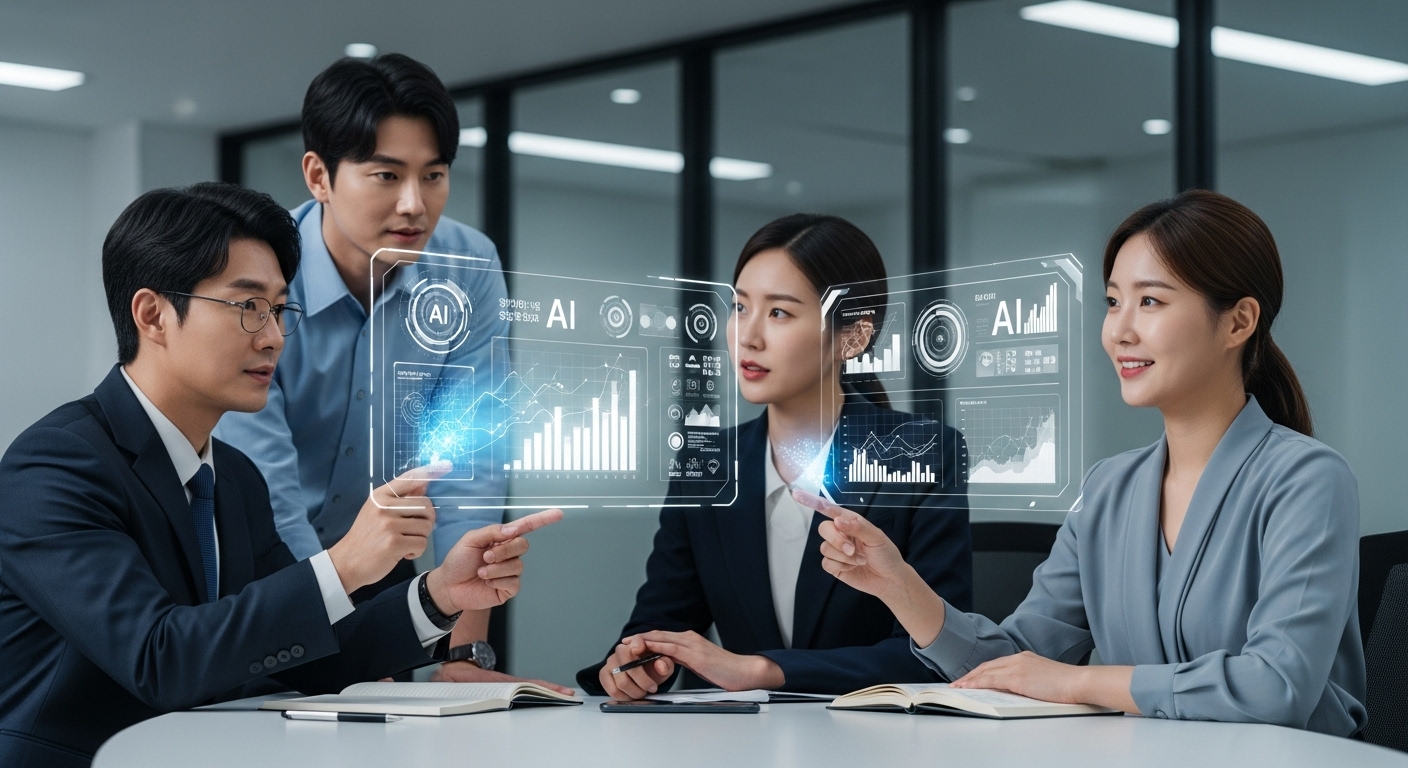AI 시대 도래와 새로운 역량의 필요성 - 한국인 직장인들이 미래지향적인 회의실에서 홀로그램 AI 데이터를 분석하며 협력하는 모습.