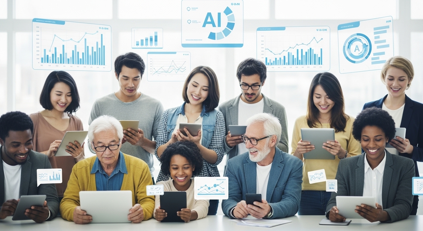 AI 시대 핵심 역량 분석 - 다양한 배경의 사람들이 디지털 기기를 사용하며 협력하여 복잡한 문제를 해결하는 창의적인 협업 장면.