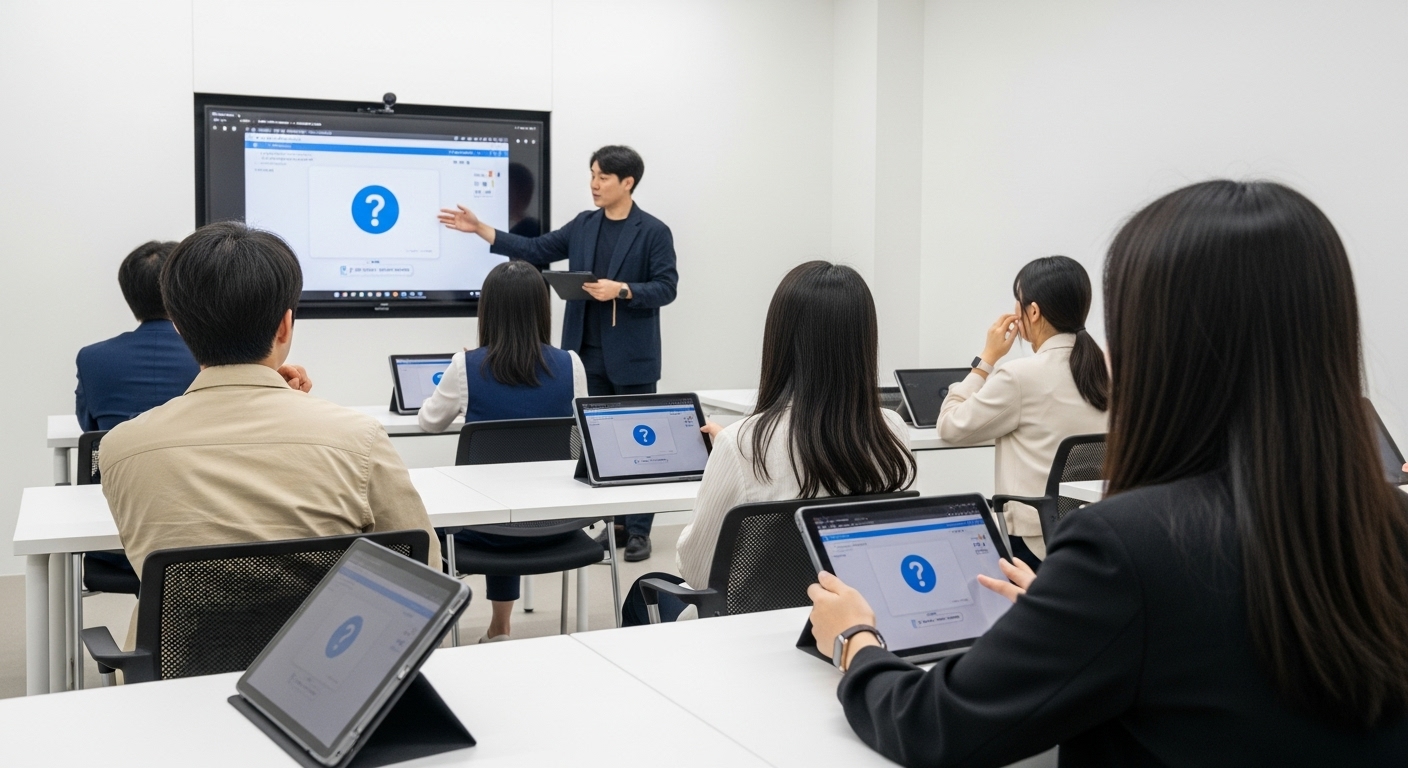 정부 및 기관의 AI 교육 과정 - 현대적인 강의실에서 한국인 학습자들이 강사의 지도 아래 AI 교육에 집중하고 질문하는 장면.