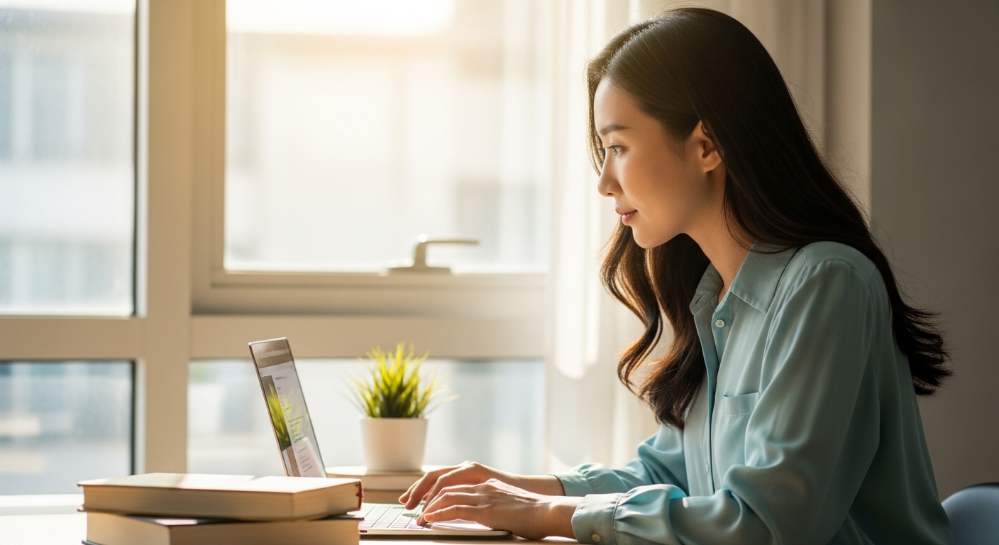 개인의 학습 전략과 미래 준비 - 한국인 여성이 창가에서 노트북으로 온라인 학습에 몰두하며 자기 계발하는 평화로운 모습.