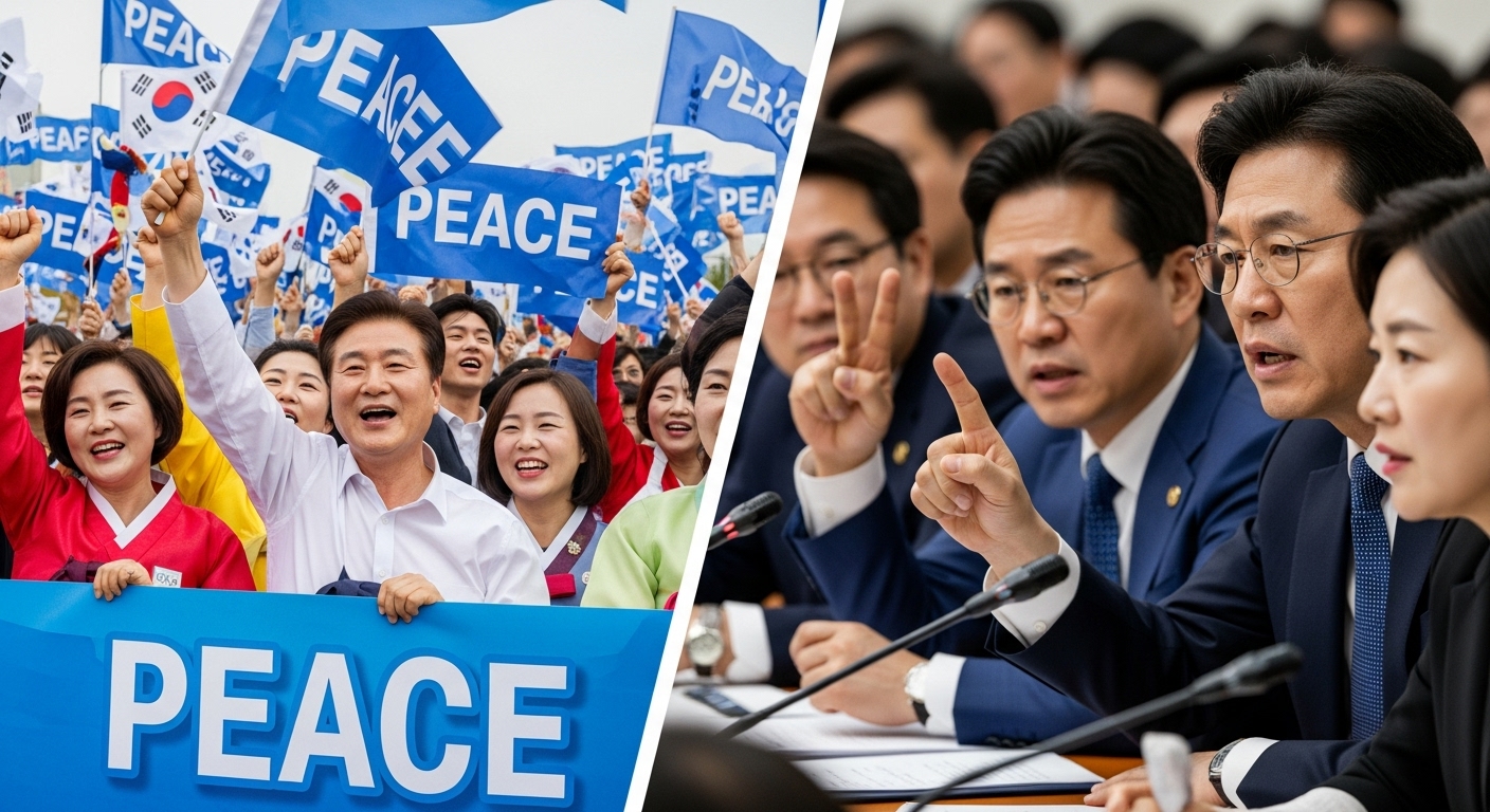 국제사회와 미국 국내 정치권의 상반된 평가 - 한쪽에서는 평화 메시지를 들고 환호하는 한국인을 포함한 시민들, 다른 한쪽에서는 열띤 토론을 벌이며 의견이 갈리는 사람들의 모습.