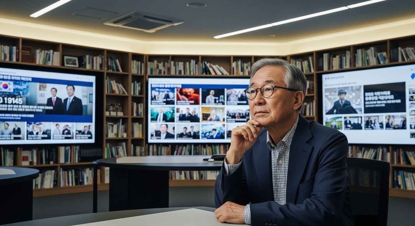 2025년 관점에서 바라본 트럼프 노벨상 논란의 함의 - 책과 뉴스가 가득한 서재에서 한국인 노년 정치 분석가가 깊은 생각에 잠겨 과거의 논란을 회고하는 모습.