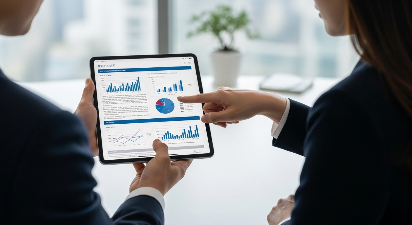 2025년, 달라지는 공유숙박 규제의 핵심 내용 - 한국인 사업가들이 태블릿으로 공유숙박 규제 문서를 검토하며 논의하는 모습