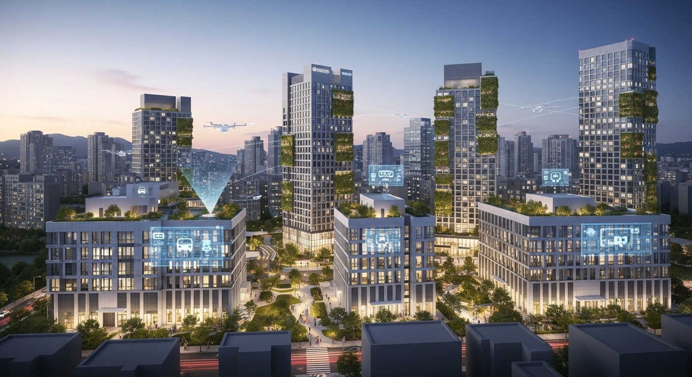 지속 가능한 공유숙박 생태계 구축을 위한 과제와 전망 - 지속 가능한 공유숙박 생태계를 상징하는 미래 지향적인 한국 도시 풍경