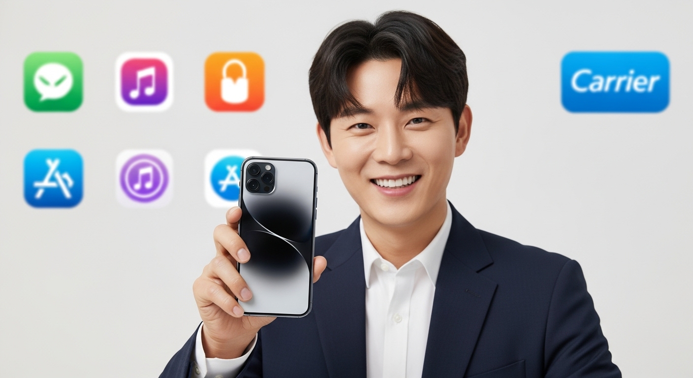 아이폰17 자급제, 2025년 소비 트렌드의 핵심으로 부상하다 - 한 한국인 사용자가 최신 아이폰17을 손에 들고 환하게 웃고 있으며, 뒤편에는 모바일 앱과 통신사 관련 추상적인 디지털 아이콘들이 빛나고 있는 모습