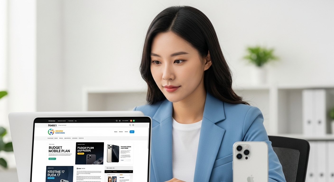 아이폰17 자급제 구매의 실질적인 재정적 이점과 자유로운 선택지 - 한 한국인 여성이 자신의 아이폰17 옆에 놓인 노트북으로 알뜰폰 요금제를 비교하며 예산 계획을 세우는 모습.