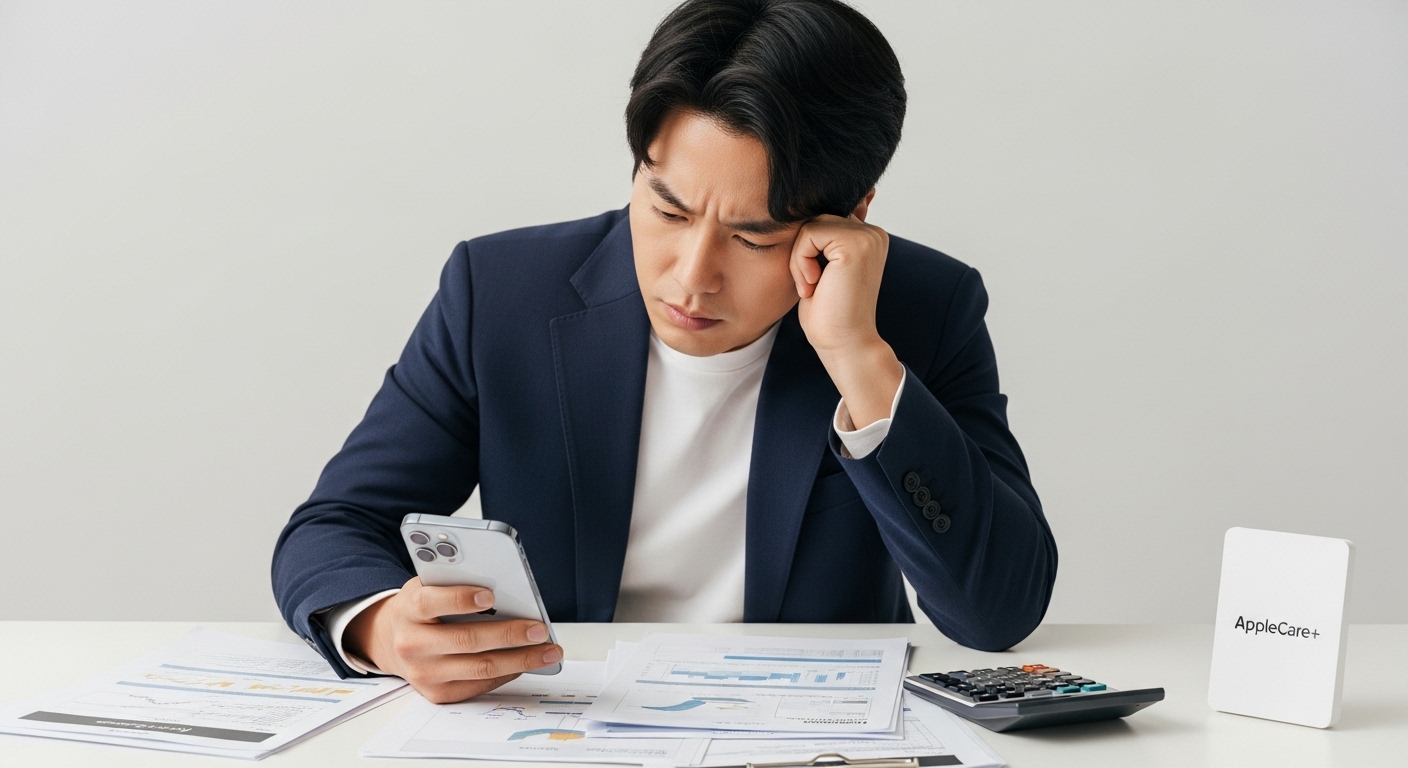 아이폰17 자급제 선택 시 반드시 고려해야 할 사항들 - 한 한국인 남성이 아이폰17 구매를 앞두고 초기 비용, 보험, 할부 등 재정적 고려사항들을 서류와 계산기로 면밀히 검토하고 있는 모습.