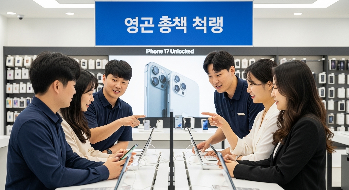 2025년 최신 아이폰17 자급제 구매 채널과 현명한 활용 전략 - 밝고 활기찬 전자제품 매장에서 다양한 한국인 고객들이 아이폰17 자급제 모델을 진열대에서 직접 체험하며 구매를 고려하고 있는 모습.