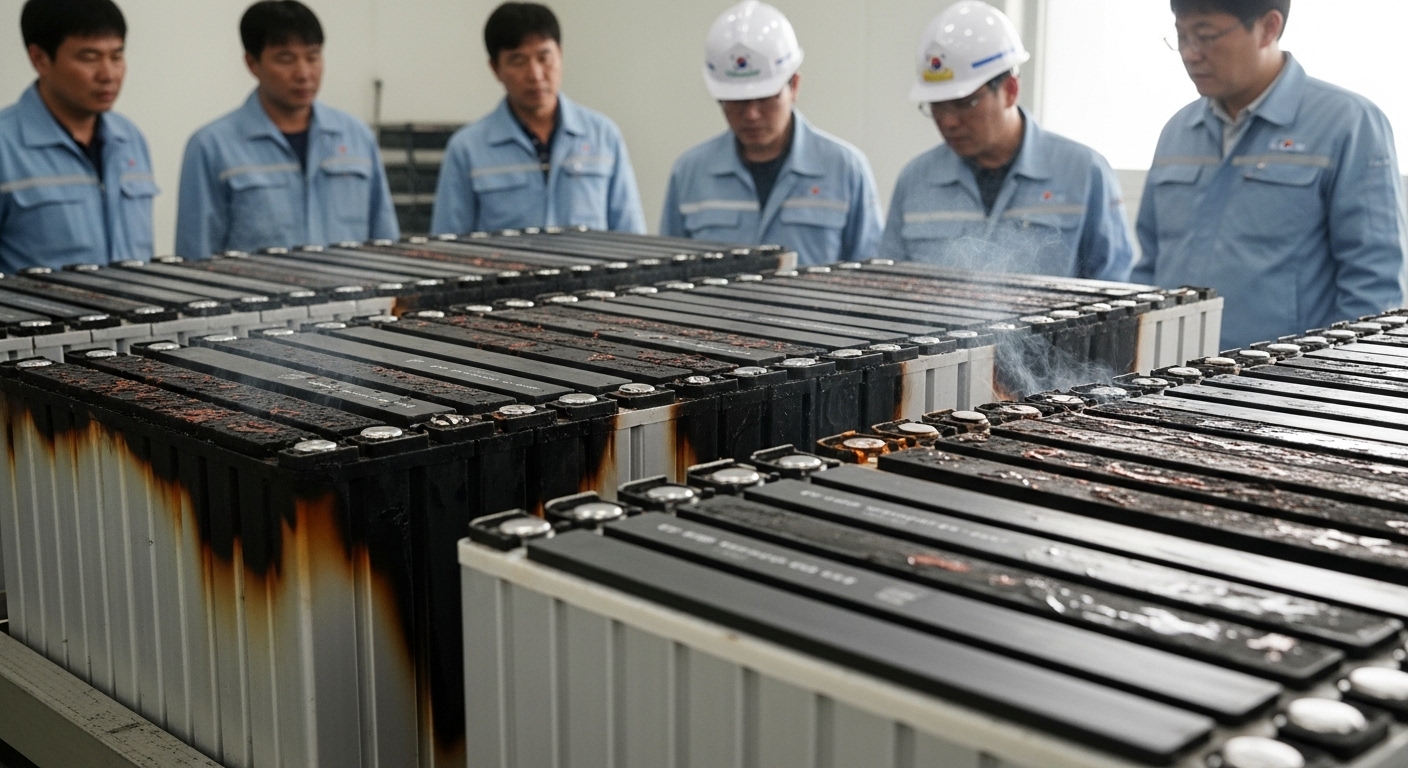 화재 발생 원인과 초기 대응의 문제점 - 리튬이온 배터리 이설 작업 중 과열되어 화재가 발생한 현장을 한국인 기술자들이 점검하는 모습