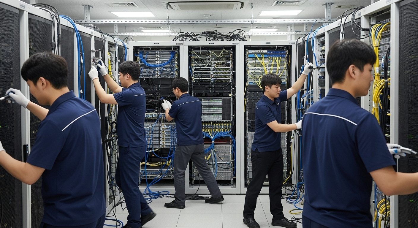 정부의 복구 노력 및 재발 방지 대책 - 국가정보자원관리원 전산실에서 한국인 기술자들이 피해 시스템을 복구하고 새로운 장비를 설치하는 모습