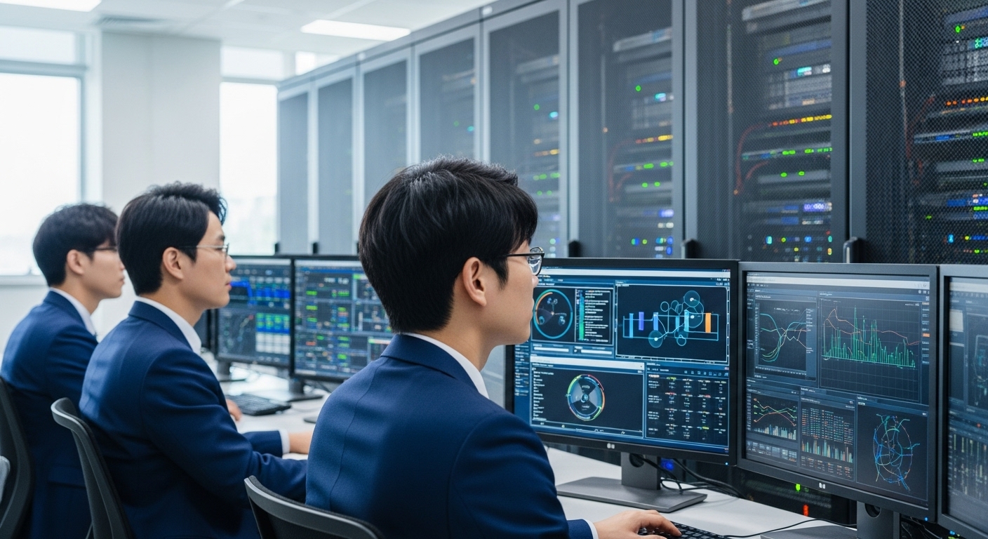 디지털 행정의 안정성 확보를 위한 미래 과제 - 한국인 IT 전문가들이 차세대 데이터 센터에서 디지털 행정 시스템의 안정성을 모니터링하고 관리하는 모습