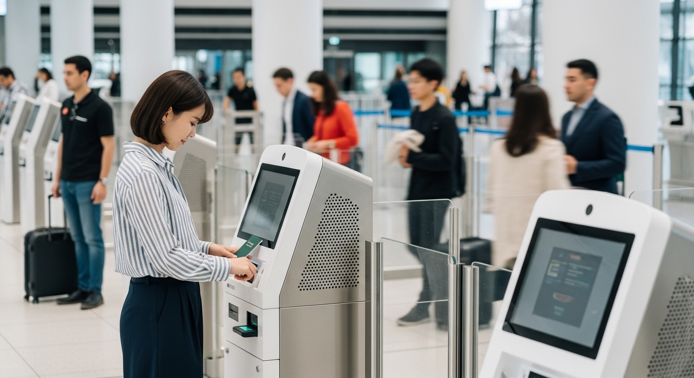 EES(Entry/Exit System)란 무엇이며, 왜 도입되었을까요? - 유럽 공항의 미래 지향적인 자동 입출국 심사 키오스크에서 한국인 여행객이 여권과 지문을 스캔하며EES를 이용하는 모습.