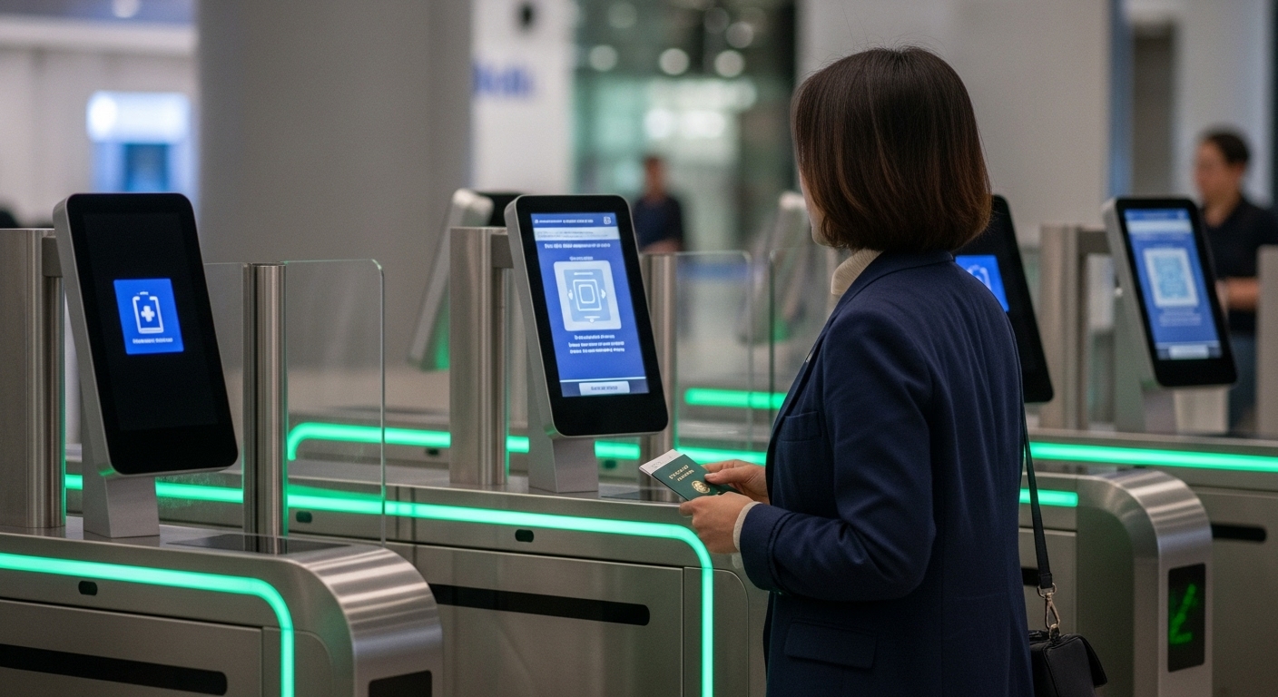 한국인에게 미치는 영향: 변화된 입국 절차와 준비물 - 한국인 여행객이 유럽 공항의 자동 국경 통제 게이트 앞에서 생체 인식 스캔 지시를 확인하며 여권을 준비하는 모습.