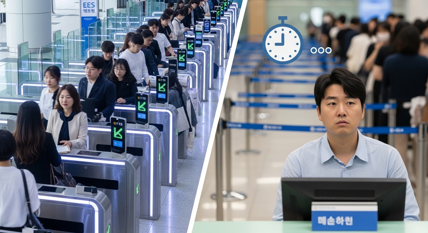 EES 시행의 장점과 우려사항 - 한쪽은 자동 EES 게이트를 통해 빠르고 효율적으로 입국하는 사람들의 모습, 다른 한쪽은 수동 심사대에서 긴 줄을 서서 잠재적인 지연과 개인 정보 보호 문제에 대해 우려하는 모습이 대비되는 분할 이미지.