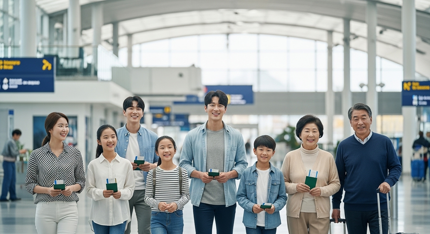 성공적인 유럽 여행을 위한 실질적인 팁 - 다양한 연령대의 한국인 여행객들이 여유로운 모습으로 유럽 공항을 걸어가며 성공적인 여행을 위한 준비가 잘 되어 있음을 보여주는 모습.