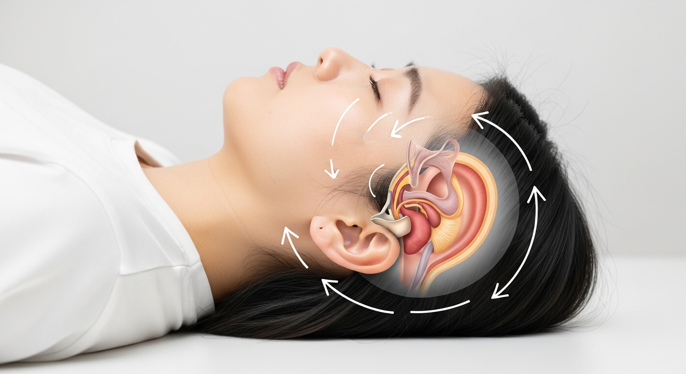 주요 이석증 자가진단법과 그 원리 - 딕스-홀파이크 검사를 조심스럽게 수행하는 한국인 모습과 머리 움직임을 나타내는 화살표, 내이 구조가 투명하게 보이는 일러스트