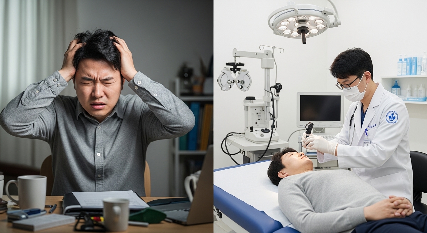 이석증 자가진단법의 정확도와 한계 - 이석증을 자가진단하려다 혼란스러워하는 한국인과 전문적으로 딕스-홀파이크 검사를 수행하는 한국인 의사의 대비되는 모습