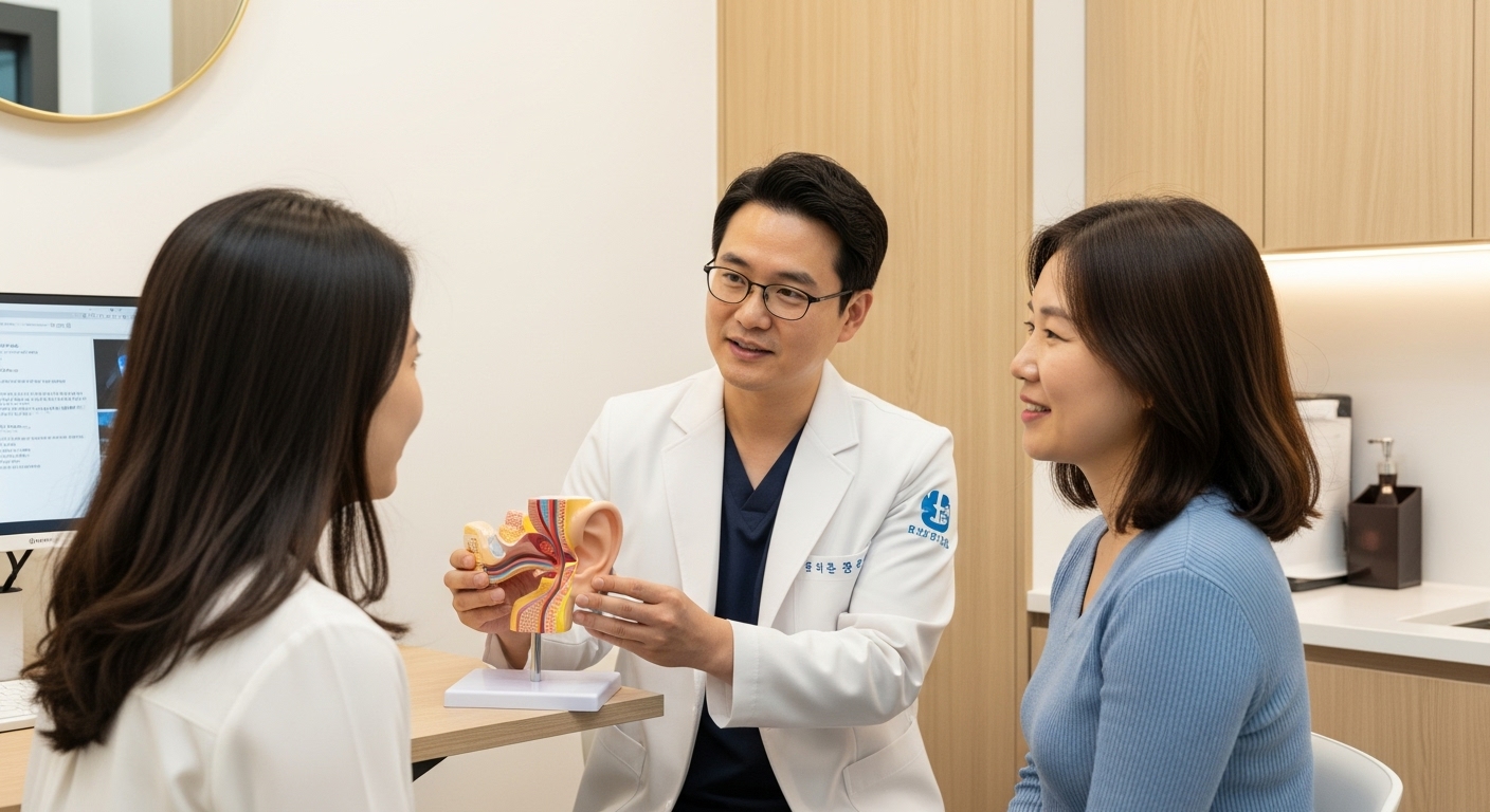 전문적인 진단의 중요성과 병원 방문 시 고려사항 - 한국인 의사가 환자에게 귀 해부학 모델을 보여주며 전문적인 진단과 치료 계획을 설명하고 환자가 안심하는 모습
