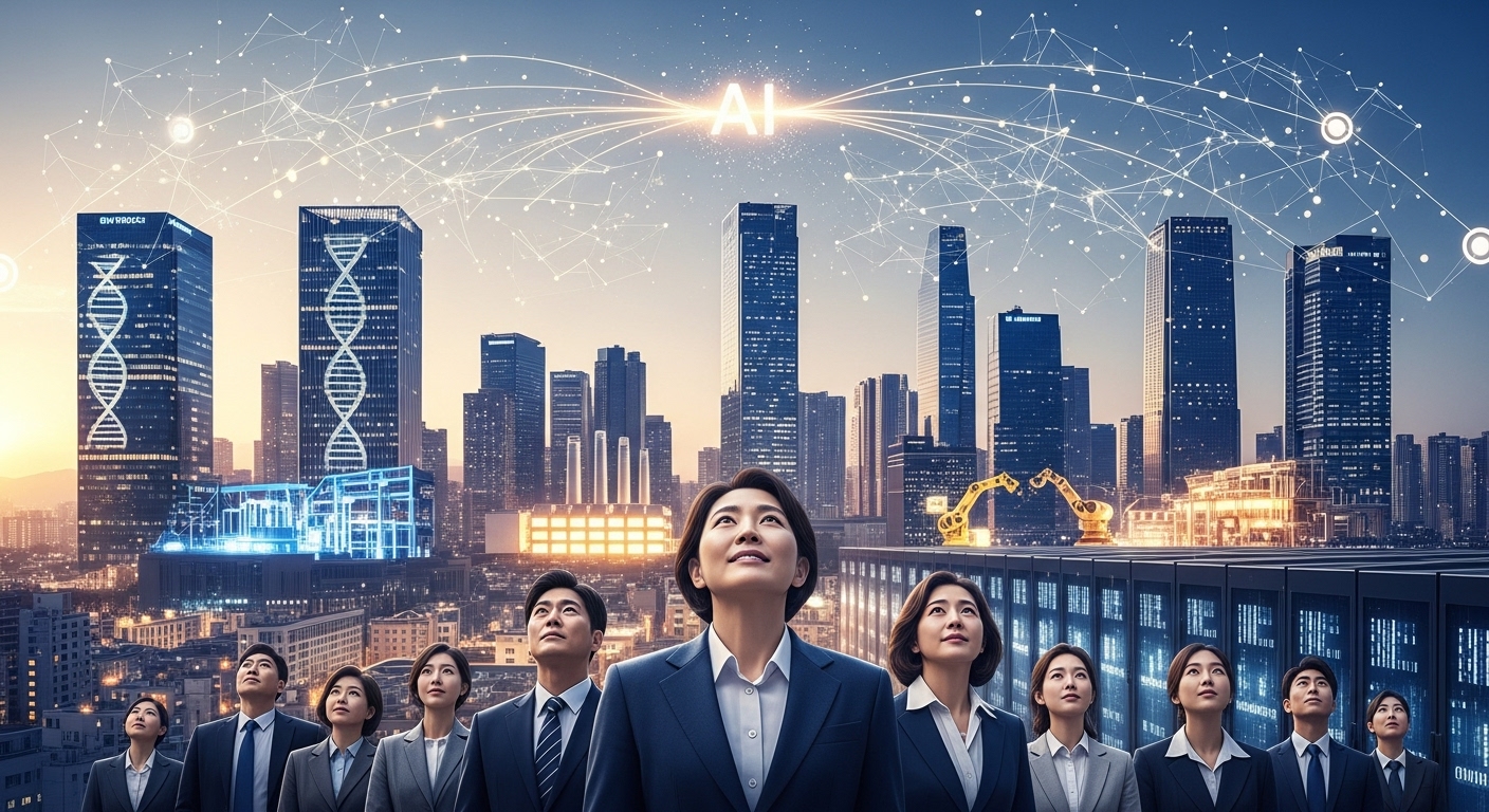 전면 시행에 따른 기대 효과와 변화 - 한국의 도시 풍경 위로 AI 기술이 다양한 산업과 생활에 긍정적인 영향을 미치며 발전하는 모습.