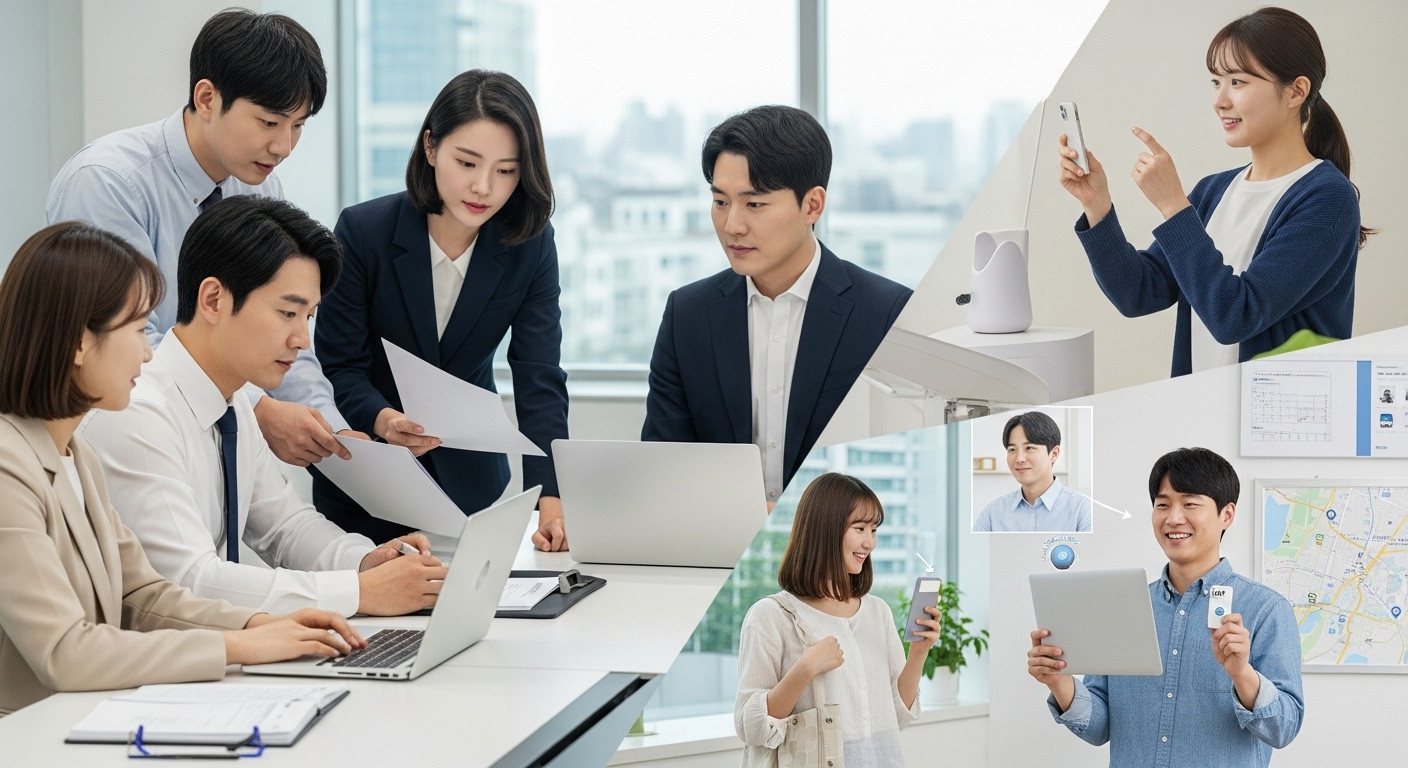 기업 및 개인에게 미치는 영향과 대응 전략 - 한국인 기업 관계자들이 AI 법규 준수를 논의하고, 시민들이 안전하게 AI 서비스를 활용하는 모습.