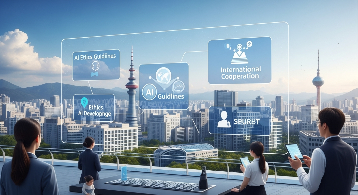 풀어야 할 과제 및 미래 전망 - 한국의 미래 도시 풍경 속에서 AI 기술 발전과 함께 해결해야 할 윤리, 보안, 국제 협력 과제들이 투명한 화면에 나타나는 모습.