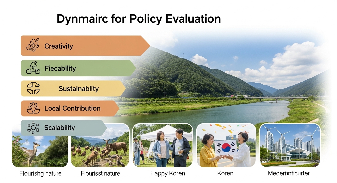 성공적인 정책 선정의 기준과 기대 효과 - 지방하천 정책의 성공 기준(창의성, 실현가능성 등)과 환경 보호, 지역 경제 활성화 같은 긍정적인 효과를 시각적으로 나타내는 인포그래픽