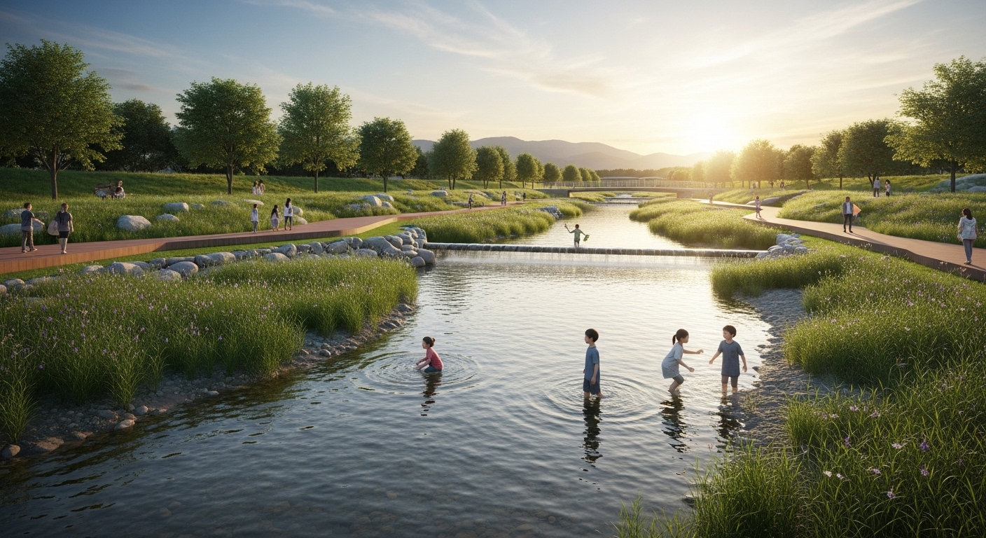 지방하천의 미래: 지속 가능한 발전을 위한 청사진 - 깨끗하게 복원된 한국의 지방하천에서 주민들이 여유롭게 시간을 보내고, 미래지향적인 친환경 시설이 조화를 이루는 평화로운 풍경