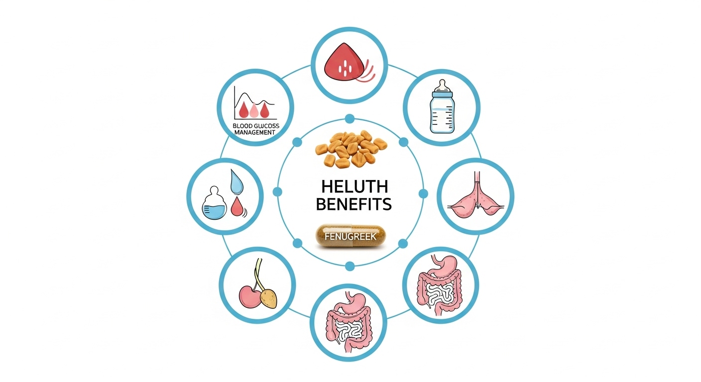 호로파 캡슐의 주요 효능 심층 분석 - 혈당 조절, 모유 수유, 소화 개선 등을 상징하는 아이콘들과 호로파 캡슐이 함께 시각적으로 표현된 인포그래픽.