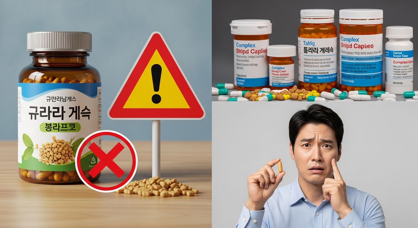 놓치지 말아야 할 호로파 캡슐의 부작용 및 주의사항 - 호로파 캡슐과 함께 경고 표지판, 약물 상호작용을 나타내는 그림이 시각화되어 있으며, 한 한국인 남성이 걱정스러운 표정으로 캡슐을 보고 있는 모습.