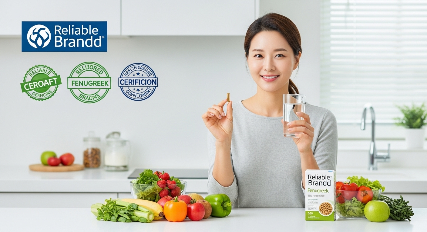 호로파 캡슐, 올바른 섭취 가이드 및 선택 기준 - 주방에서 호로파 캡슐과 물을 들고 있는 한국인 여성과 균형 잡힌 식단, 신뢰할 수 있는 건강기능식품 인증 마크들이 보이는 배경.