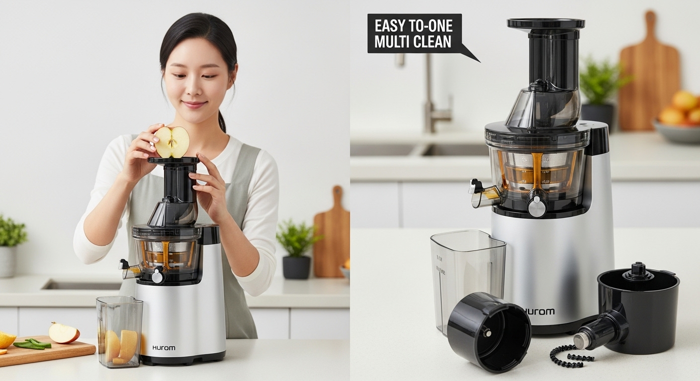 2025년 사용자 경험을 최적화한 디자인과 편의성 - 휴롬 H410의 넓은 투입구와 쉽게 분리되는 부품들이 주방에서 한국인 여성에게 편리함을 제공하는 장면.