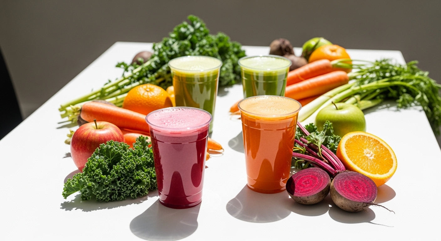 휴롬 H410으로 만들 수 있는 다양한 건강 주스 레시피와 활용법 - 다양한 색깔의 건강 주스와 신선한 재료들이 H410의 다용도성을 보여준다.