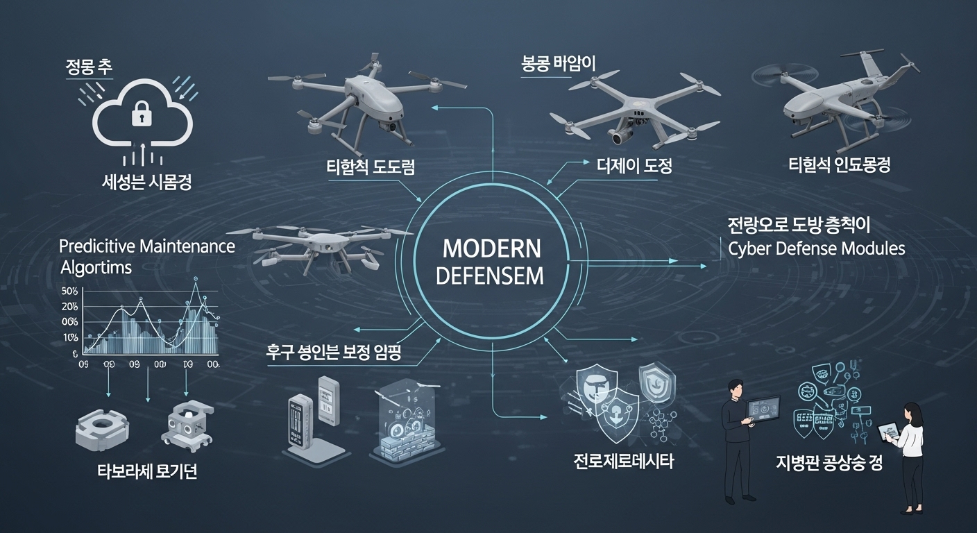 AI 기반 지능형 국방 시스템의 핵심 기술 - 보안 클라우드, 자율 드론, 예측 유지보수 알고리즘, 사이버 방어 모듈 등 다양한 AI 구성 요소가 현대 국방 시스템에 통합된 상세한 인포그래픽