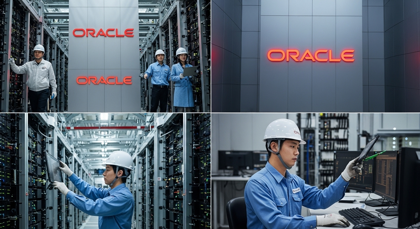 오라클의 국방 분야 기여와 미래 전략 - 대한민국에 위치한 오라클 로고가 있는 안전하고 주권적인 클라우드 데이터 센터, 첨단 기술을 암시하며 현대적이고 견고한 시설. 한국인 데이터 센터 기술자가 전경에 보임