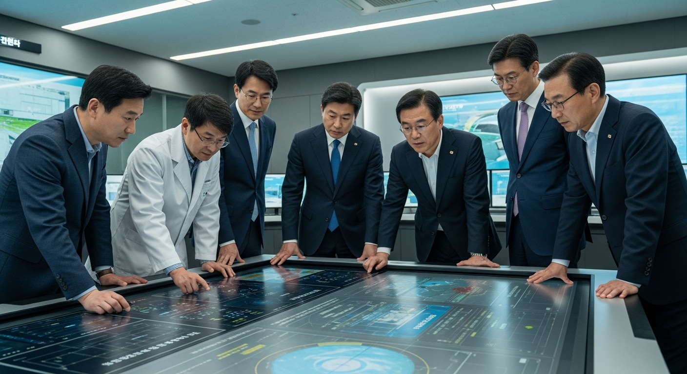 방산 기술 혁신이 가져올 파급 효과와 과제 - 현대적인 통제실에서 한국 과학자, 군사 전략가, 산업 리더들이 미래 국방을 시각화하는 디지털 디스플레이를 놓고 협력하는 모습. 진지하고 집중된 분위기