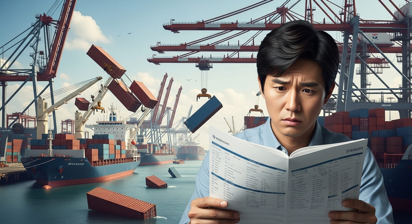 글로벌 해운 시장에 미칠 파급 효과 - 컨테이너를 처리하는 데 어려움을 겪는 듯한 혼잡한 항만과 화물선들, 그리고 걱정스러운 표정으로 선박 서류를 보는 한국인 직원의 모습이 운송 비용 증가와 물류 혼란을 상징합니다.