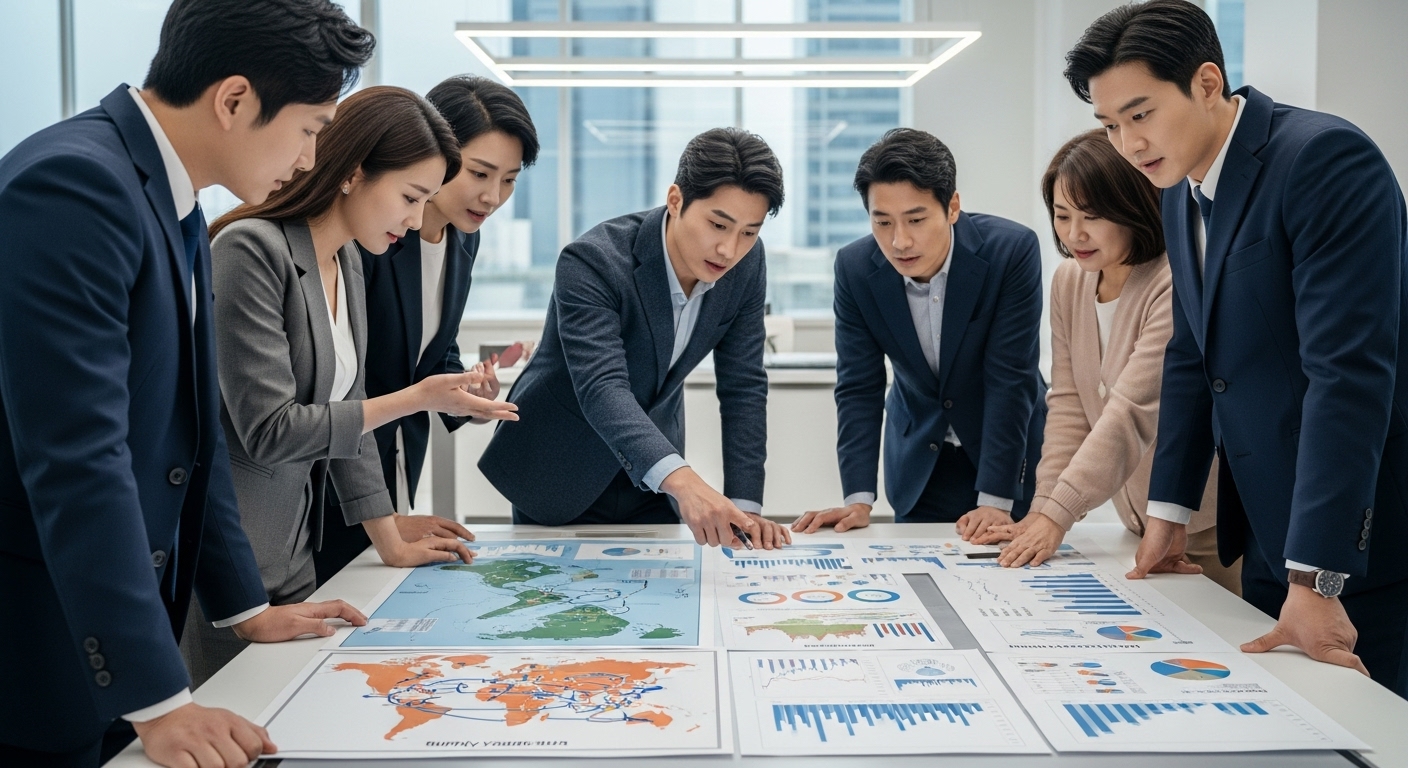 한국 경제와 기업에 미치는 영향 및 기회 - 글로벌 무역 지도와 공급망 다이어그램을 보며 긴급하게 전략 회의를 하는 한국인 사업가들의 모습으로, 경제적 영향과 기회를 논의하는 장면입니다.