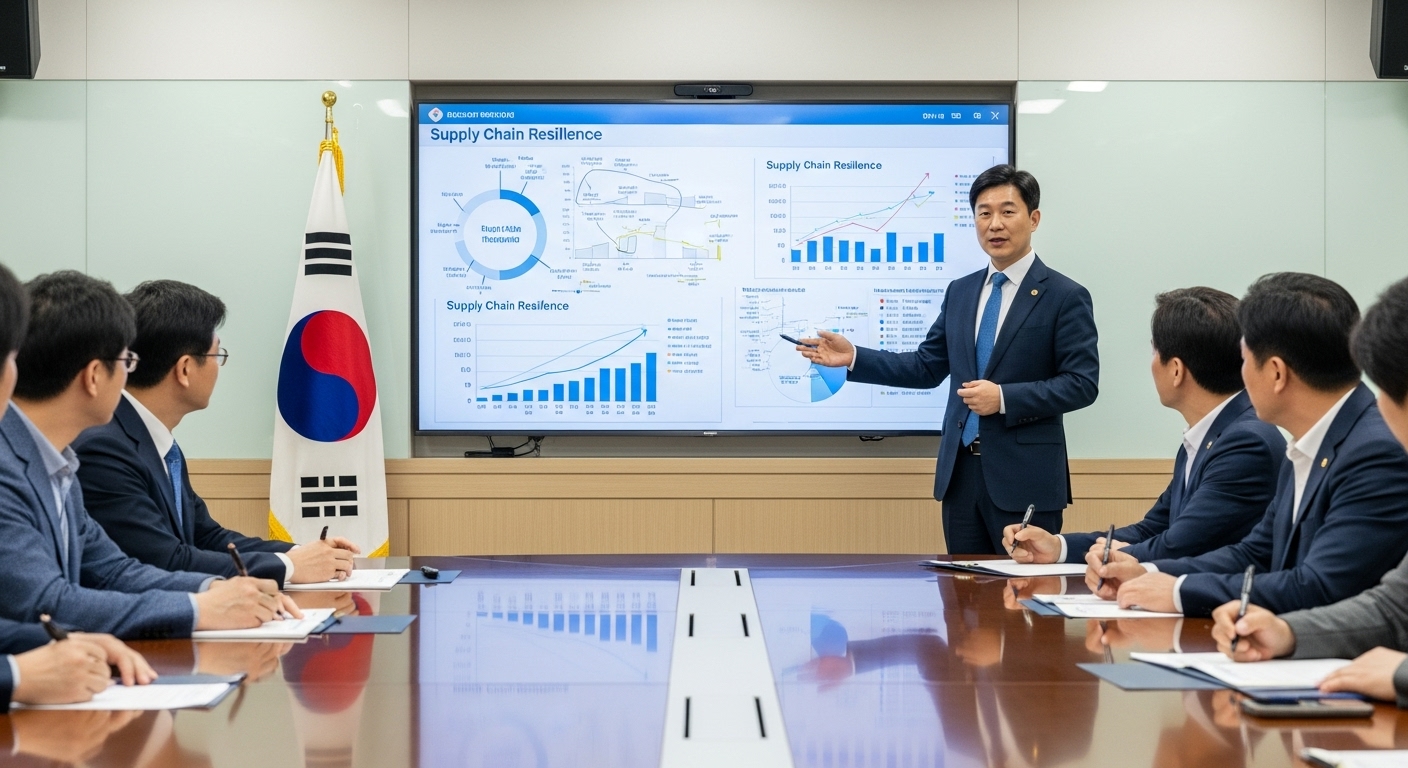 변화하는 환경 속 한국의 대응 전략 - 한국인 정책 분석가가 공급망 탄력성과 국제 무역 협정 차트를 보여주며 정부 관료들에게 진지하고 미래 지향적인 전략 계획을 발표하는 모습.