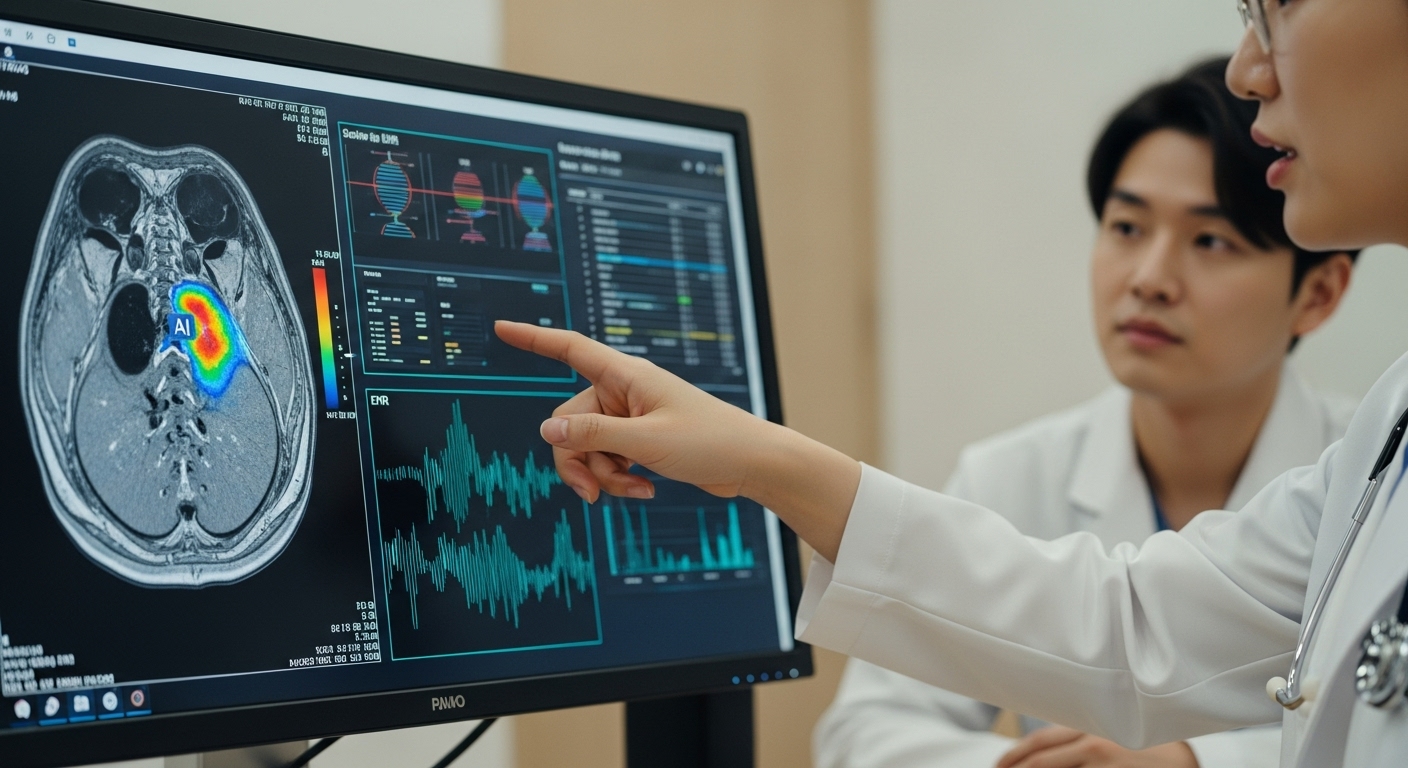 진단 정확성 향상: 영상, 음성, 기록 융합 - 고해상도 의료 모니터에 AI가 이상을 강조한 MRI 스캔, 한국인 환자의 전자의무기록, 유전체 시퀀스가 함께 표시되어 있으며, 한국인 의사가 후배에게 내용을 설명하는 모습.