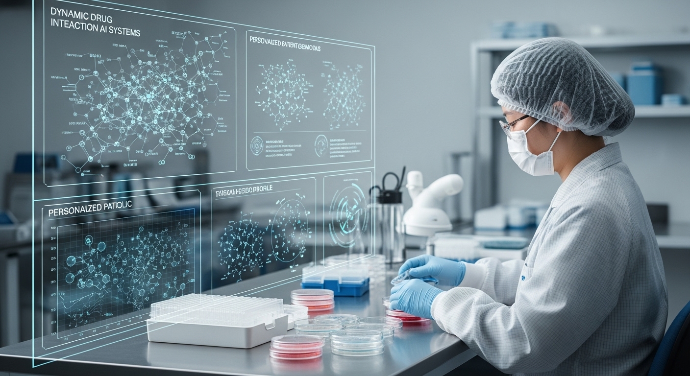 맞춤형 치료 및 신약 개발 혁신 - 한국인 연구원이 클린룸 실험실에서 정밀하게 페트리 접시를 다루는 동안, 배경의 대형 투명 스크린에 정교한 분자 모델, 약물 상호작용 시뮬레이션, 개인 맞춤형 환자 유전체 프로파일이 AI 시스템에 의해 관리되는 모습.