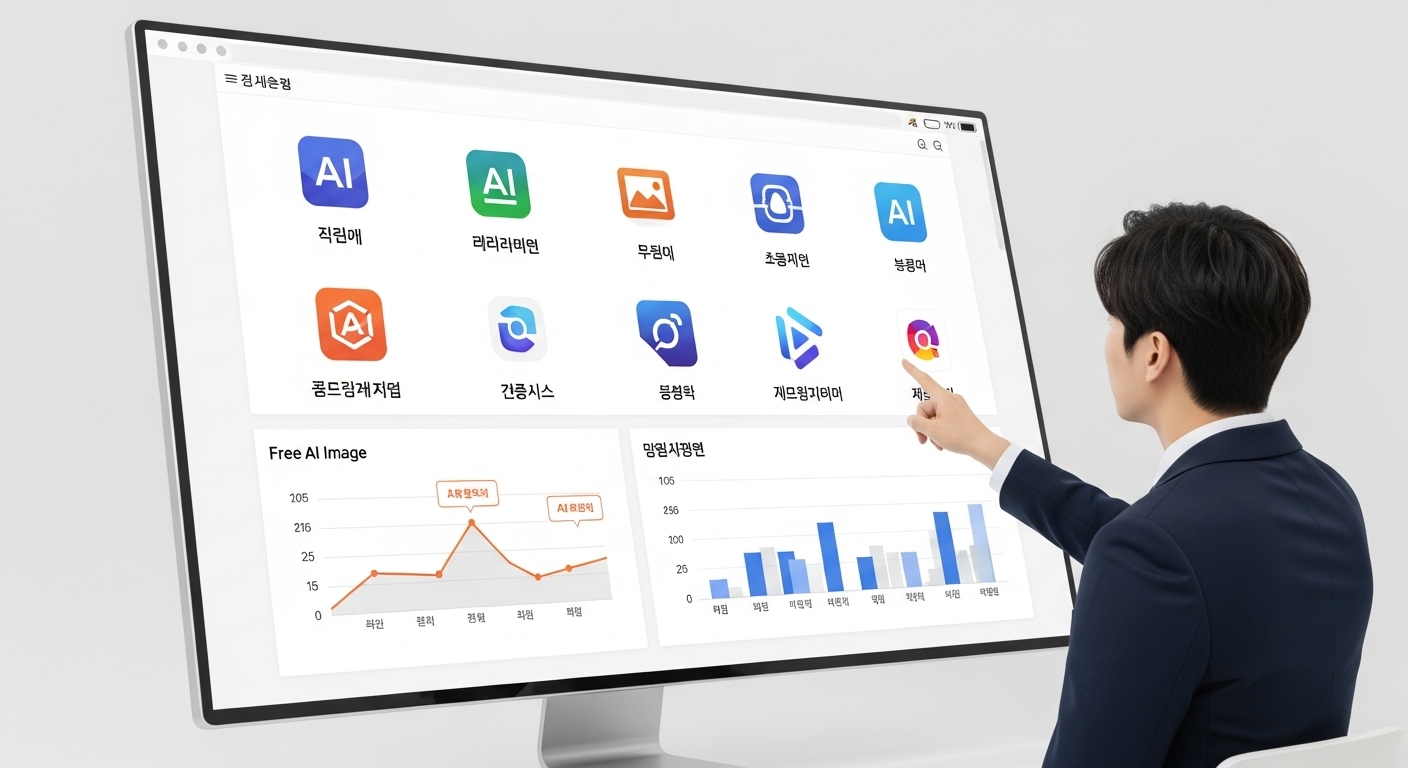주요 무료 AI 이미지 생성 사이트 심층 분석 (기능 비교) - 한국인 사용자가 디지털 스크린에서 여러 AI 이미지 생성 사이트의 로고와 기능을 그래프 형태로 비교 분석하는 모습