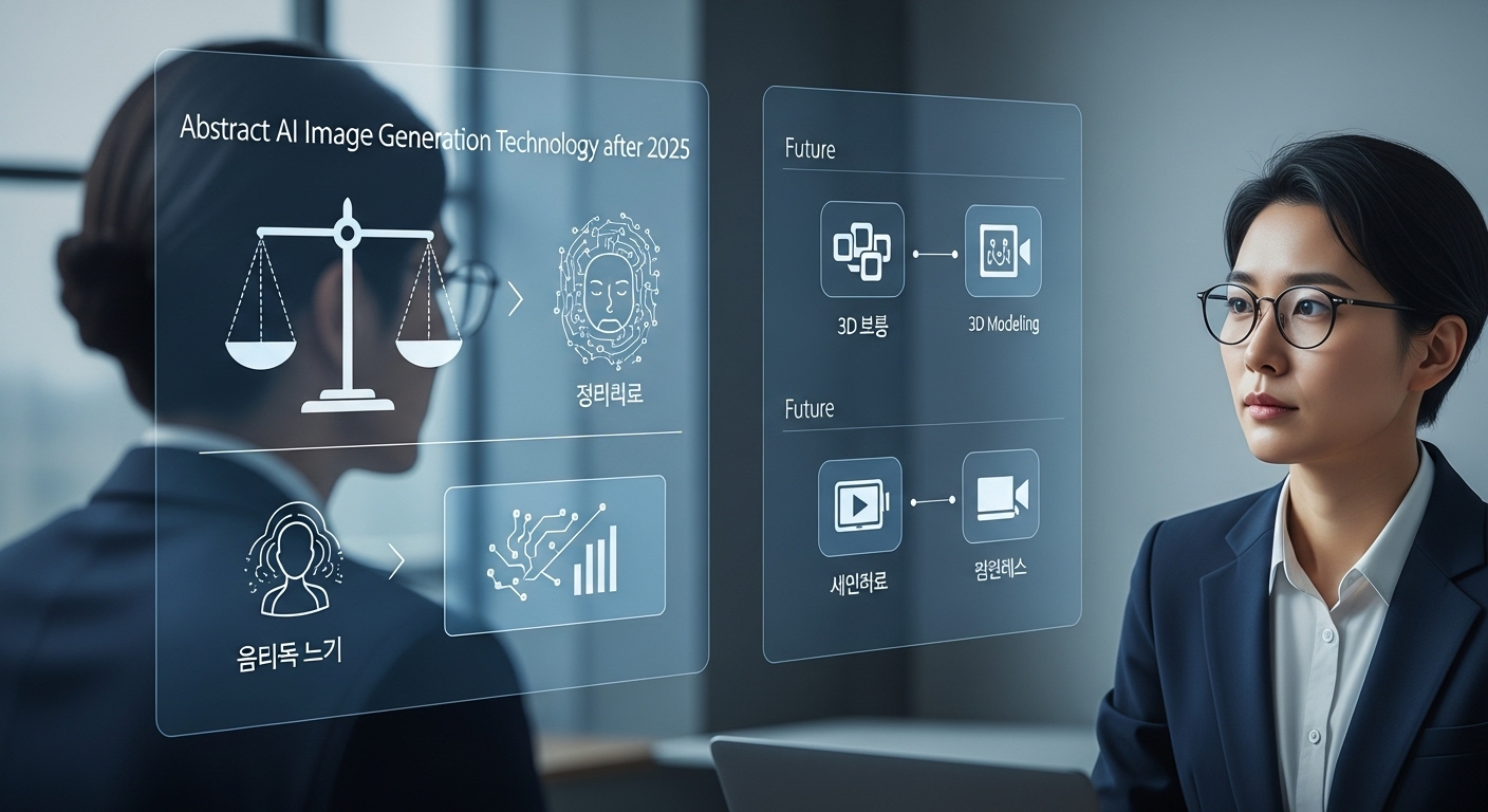 미래 AI 이미지 생성 기술의 발전 방향과 윤리적 고려 - 미래 AI 기술 발전 로드맵이 디지털 인터페이스에 표시되어 있고, 한국인 연구원이 이를 진지하게 바라보며 윤리적 저울과 3D, 비디오 생성 아이콘이 함께 보이는 모습