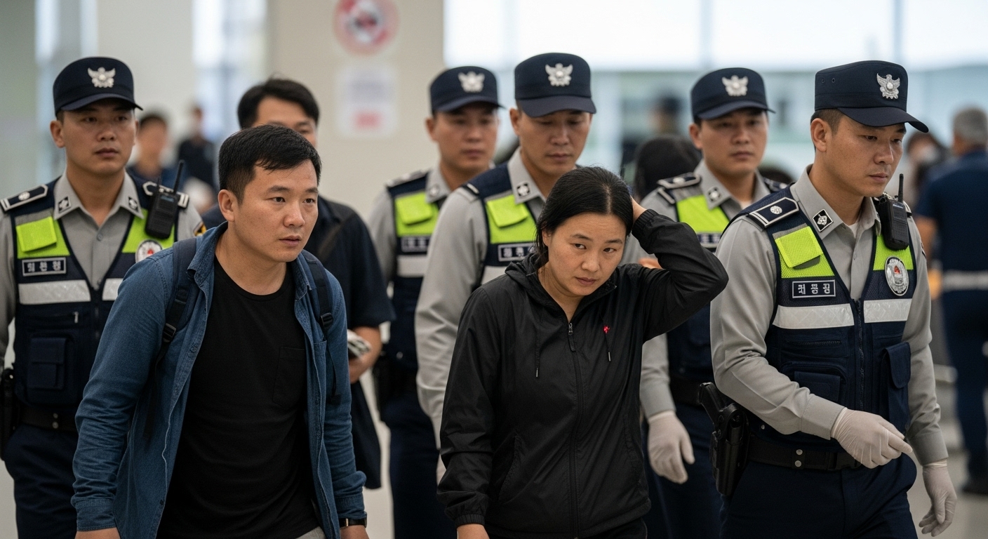 잔혹한 피해 실태와 한국 정부의 구출 노력 - 캄보디아 공항에서 한국 경찰과 현지 경찰의 도움으로 구조되어 귀국하는 지친 표정의 한국인들.